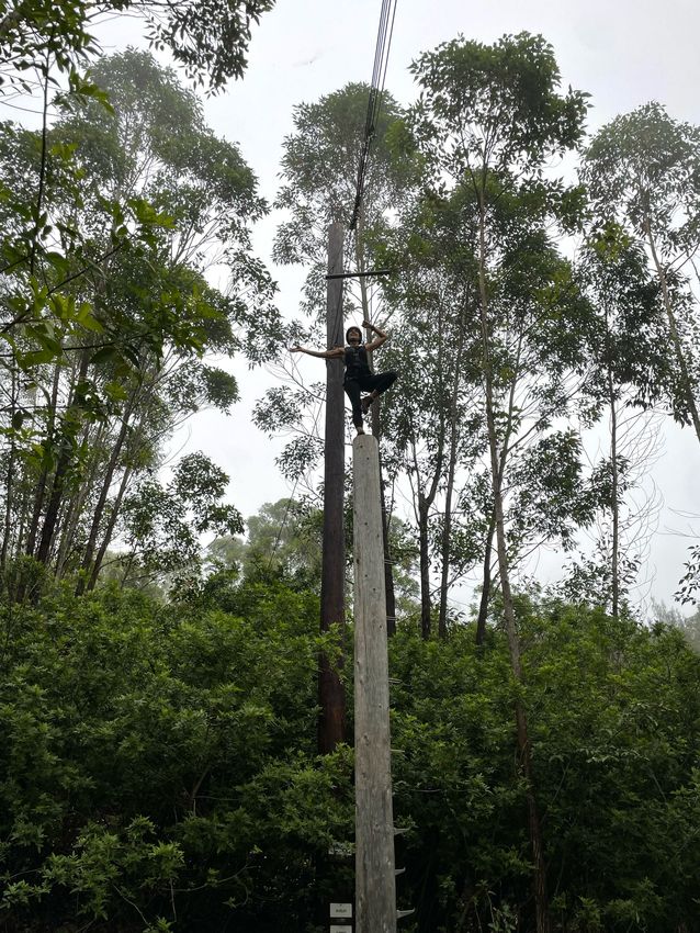 Maria standing in tree pose atop a ropes course pole
